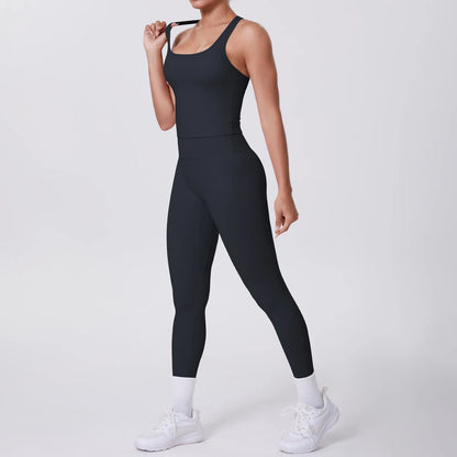 Damen Yoga-Set mit Trägertop und Leggings, einfarbig dunkel, Frontansicht