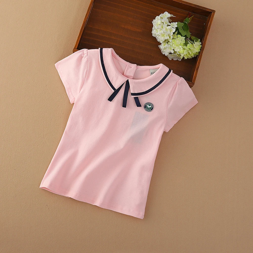 Mädchen T-shirt Sommer Baumwolle Tennis Kleidung für 4-10Y Kinder Drehen-unten Kragen Bogen Tops Kurzen Ärmeln Casual Tee
