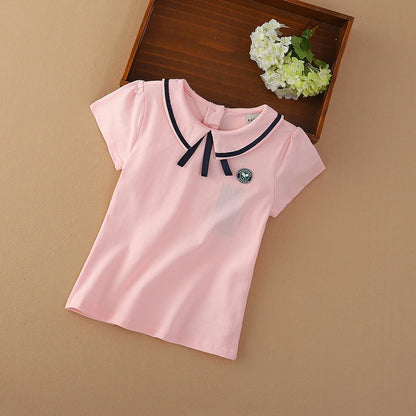 Mädchen T-shirt Sommer Baumwolle Tennis Kleidung für 4-10Y Kinder Drehen-unten Kragen Bogen Tops Kurzen Ärmeln Casual Tee