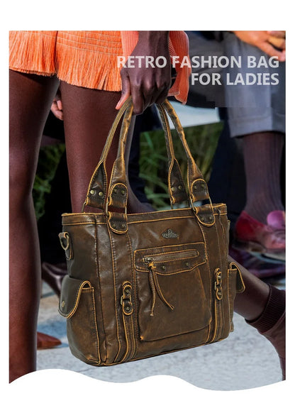 Damen-Schultertasche aus PU mit Mehrfachfächern Bronze Vintage Look Geräumige Innentaschen