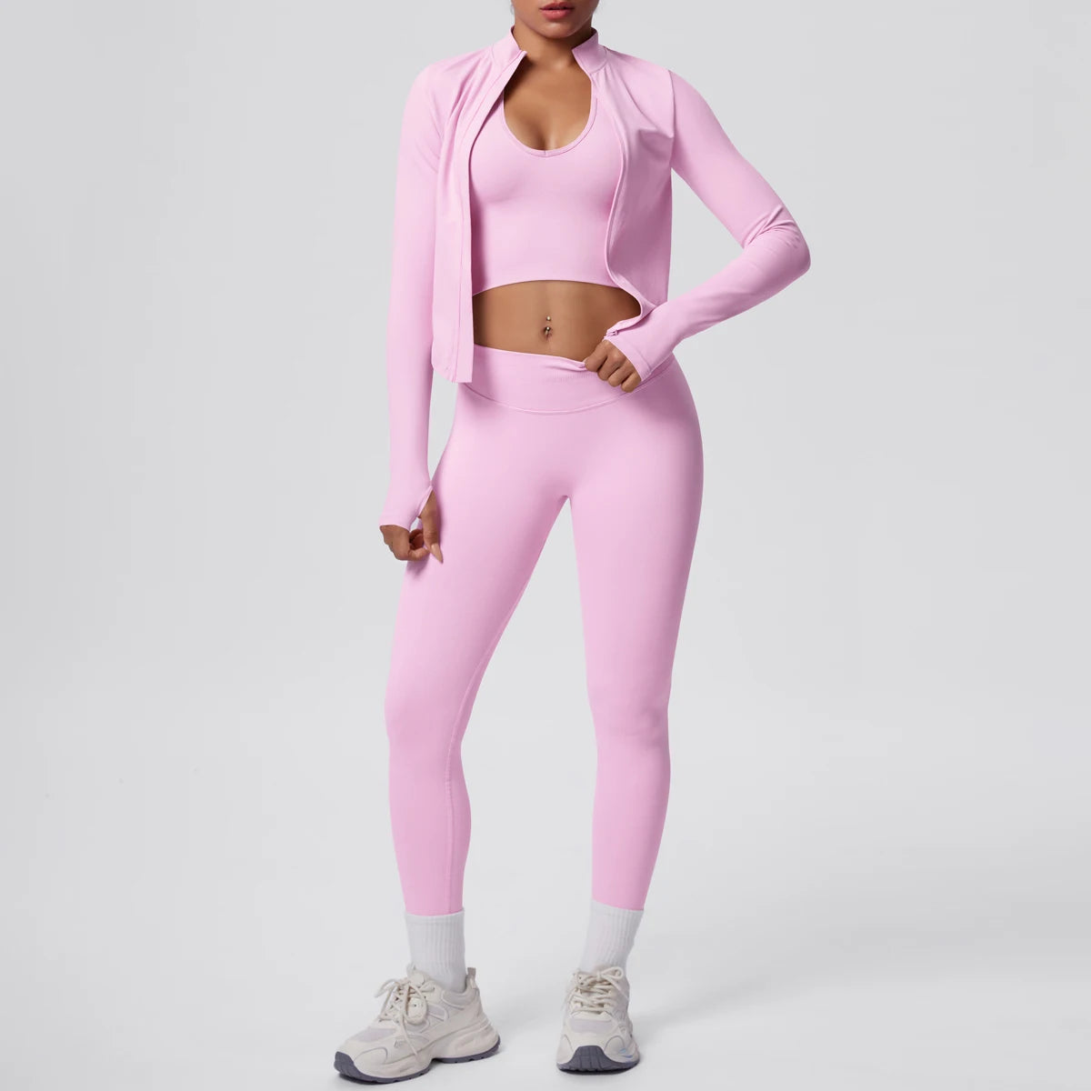 Rosa Yoga-Set mit Push-up-Top und hochtaillierter Leggings, seitliche Pose