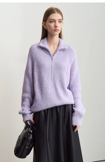 Damen-Rollkragenpullover Reißverschluss Nerz-Optik locker Winter