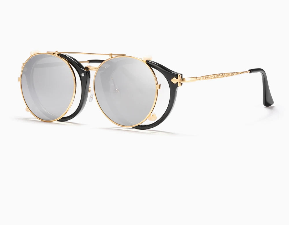 Sonnenbrille rund Steampunk Clip-On abnehmbar polarisiert Markenbox Herren