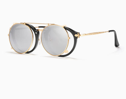 Sonnenbrille rund Steampunk Clip-On abnehmbar polarisiert Markenbox Herren