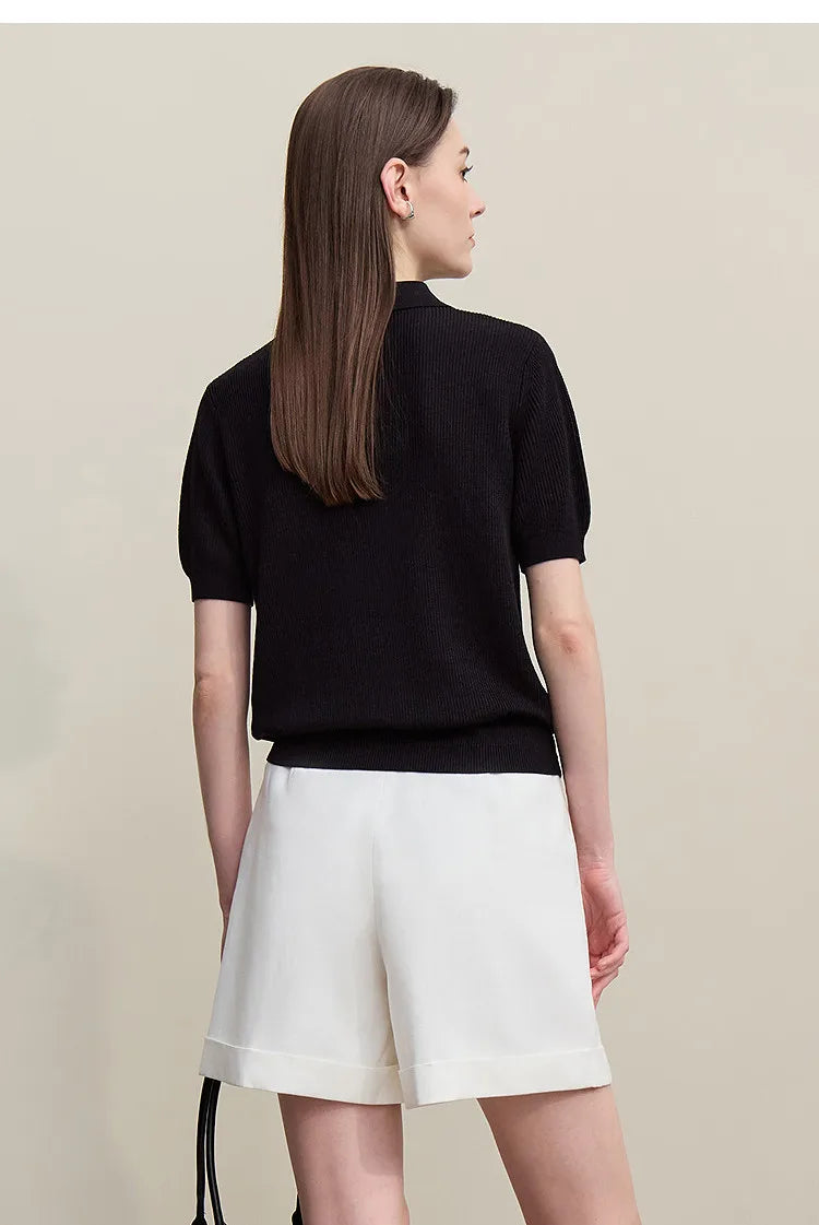 Damen-Strickpullover mit Polokragen, kurzarm, schwarz, Rückansicht