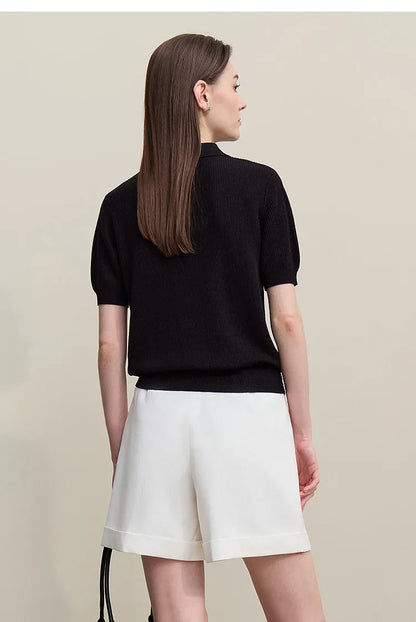 Damen-Strickpullover mit Polokragen, kurzarm, schwarz, Rückansicht