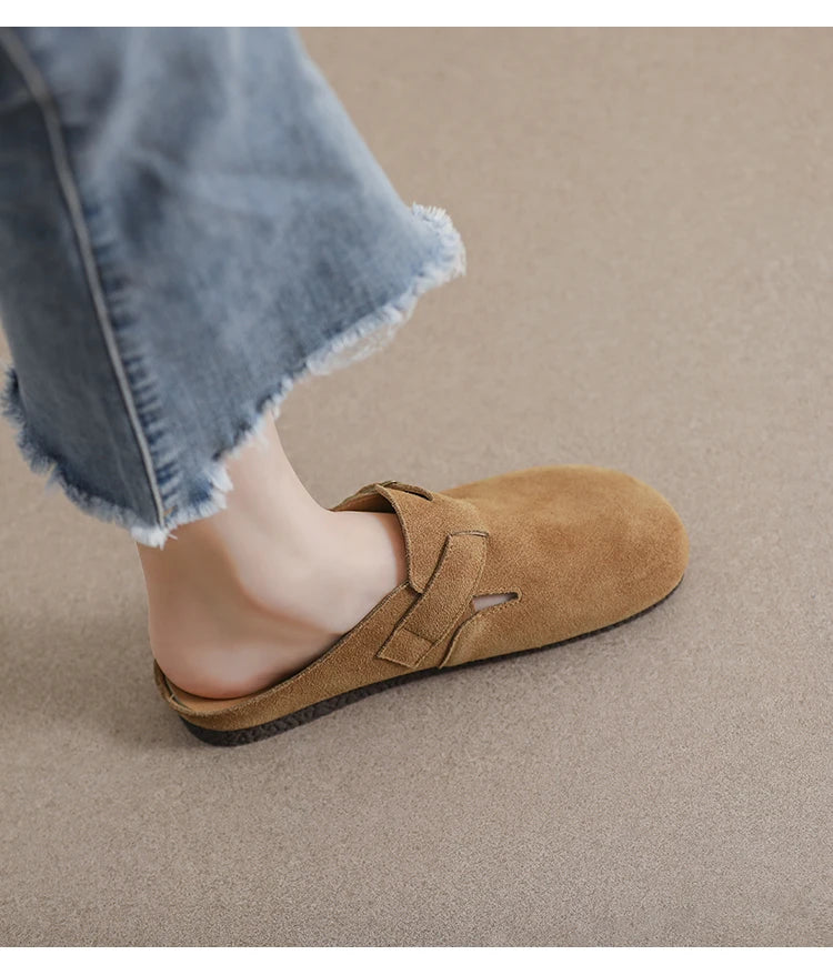 AIYUQI Hausschuhe Frauen Echt Leder 2025, Neue Große Größe 41 42 43 Frauen Sommer Schuhe Retro Oberbekleidung Flache Faule halbe Hausschuhe Frauen