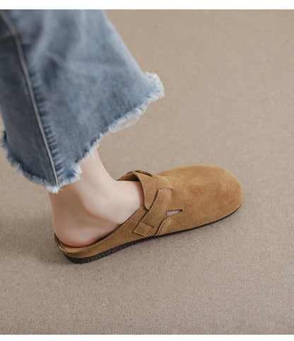 AIYUQI Hausschuhe Frauen Echt Leder 2025, Neue Große Größe 41 42 43 Frauen Sommer Schuhe Retro Oberbekleidung Flache Faule halbe Hausschuhe Frauen