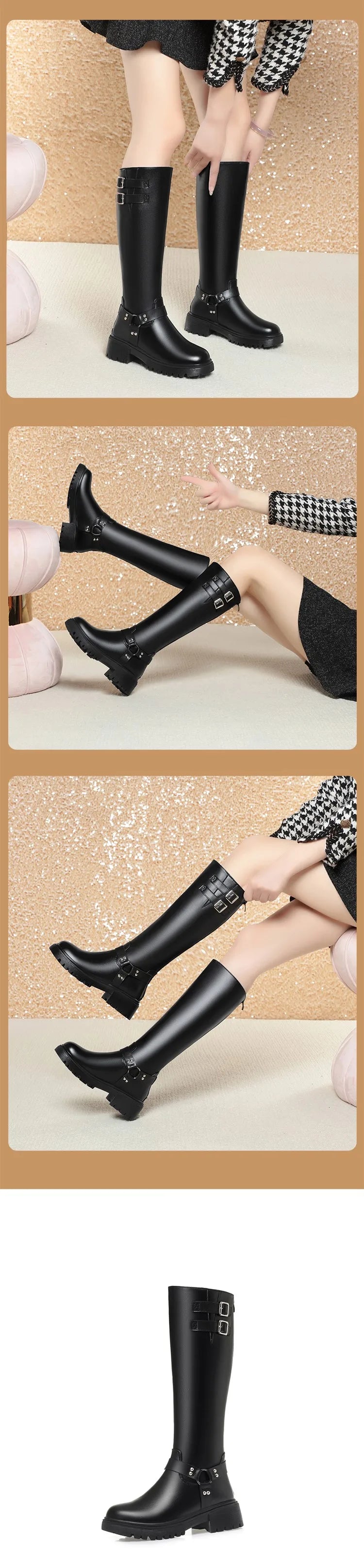 Schwarze lange Winterstiefel mit breiter Schnallenverzierung und Profilsohle
