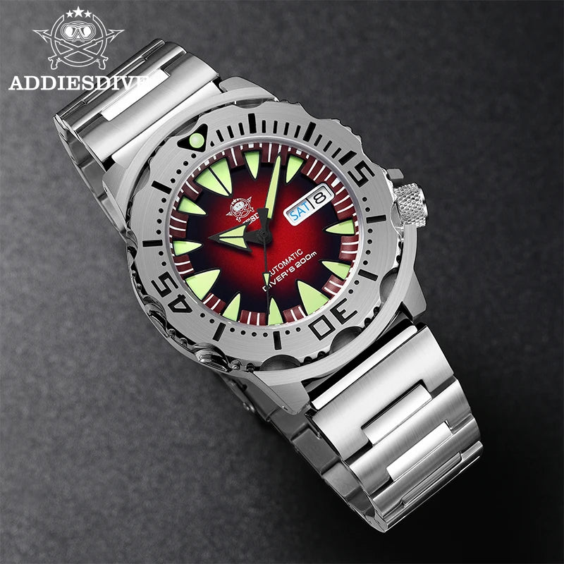 ADDIESDIVE AD2103 Men Monster Watch Luminous Sapphire Glass Blue Dial NH36 Diver 316L Stainless Steel Mechanical Watches