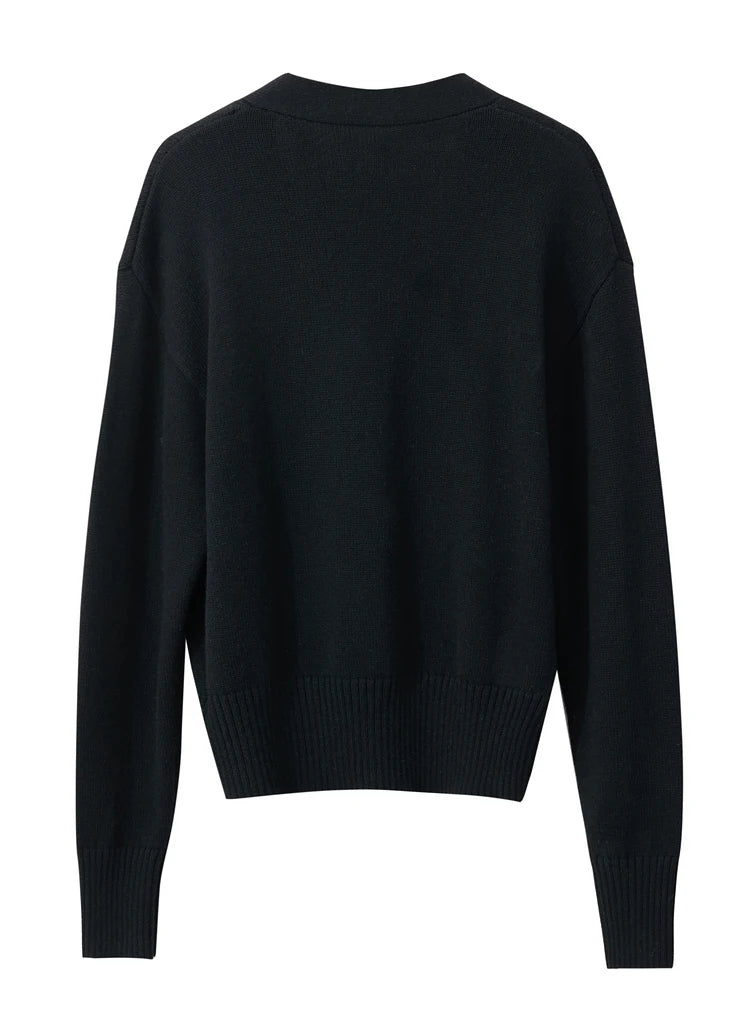 Damen-Strickjacke V-Ausschnitt Wollstickerei locker romantisch Winter