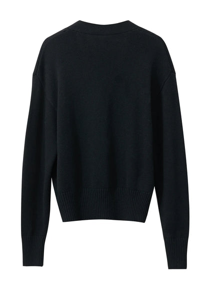 Damen-Strickjacke V-Ausschnitt Wollstickerei locker romantisch Winter