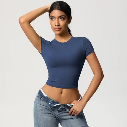 Slim Fit Yoga-Top für Damen, dunkelblau, kurze Ärmel, figurbetont