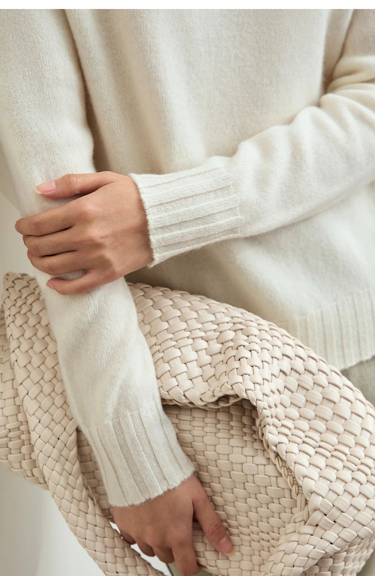 Damenpullover mit geripptem Ärmelbündchen, einfarbig cremeweiß