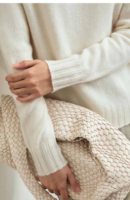 Damenpullover mit geripptem Ärmelbündchen, einfarbig cremeweiß