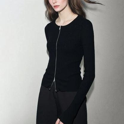 Damen-Rundhals-Cardigan Slim Doppelreißverschluss Viskose Frühling