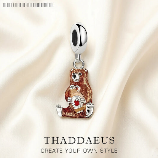 Bär-Charm-Anhänger aus 925 Sterlingsilber mit rotem Herz-Emblem und Schlaufe