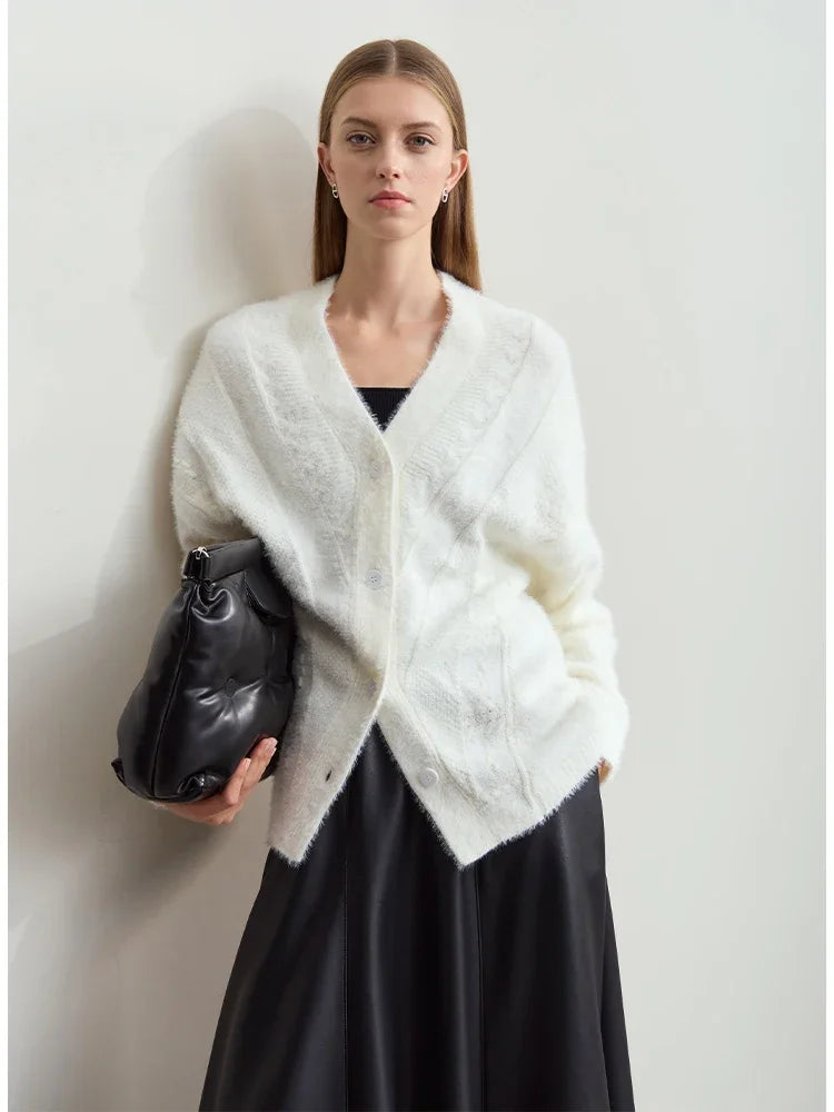 Damen-Strickjacke V-Ausschnitt Nerz-Imitat locker dick Winter