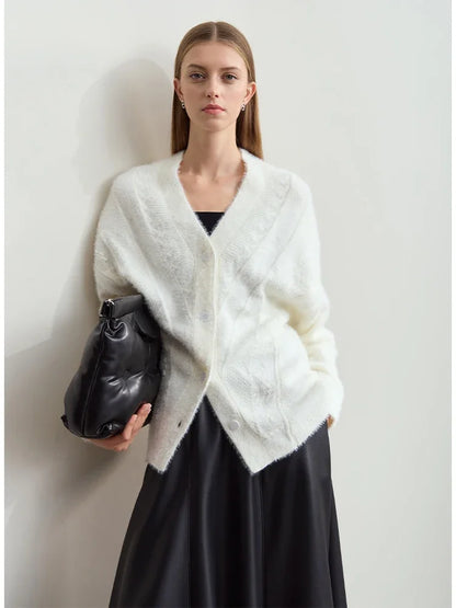 Damen-Strickjacke V-Ausschnitt Nerz-Imitat locker dick Winter