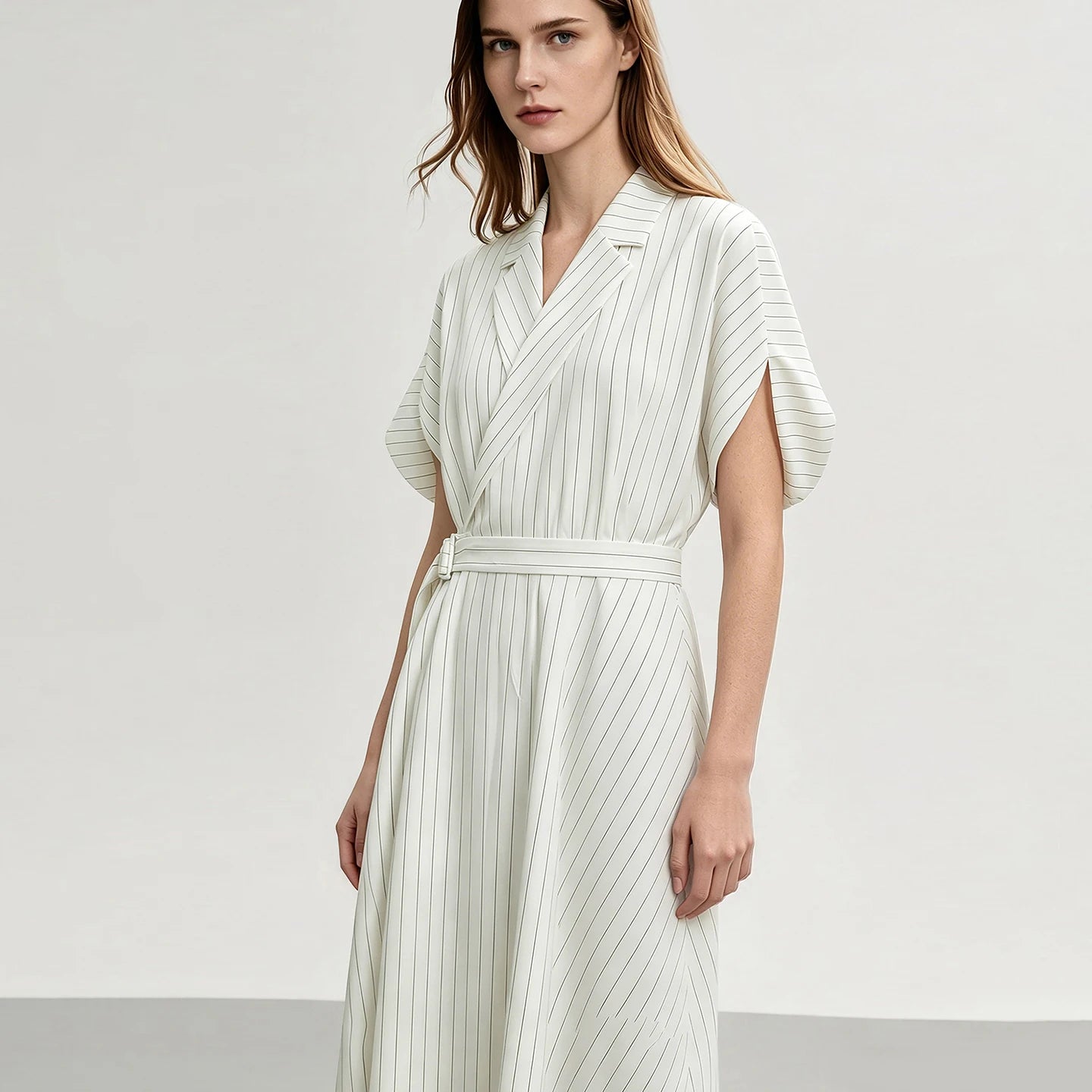 Elegantes Gestreiftes Damenkleid Mit Gürtel Für Büro Und Freizeit