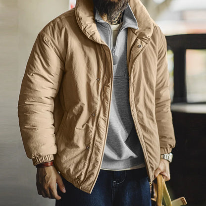 Herren Mantel Retro Khaki Stehkragen gefütterte Puffjacke mit Reißverschluss