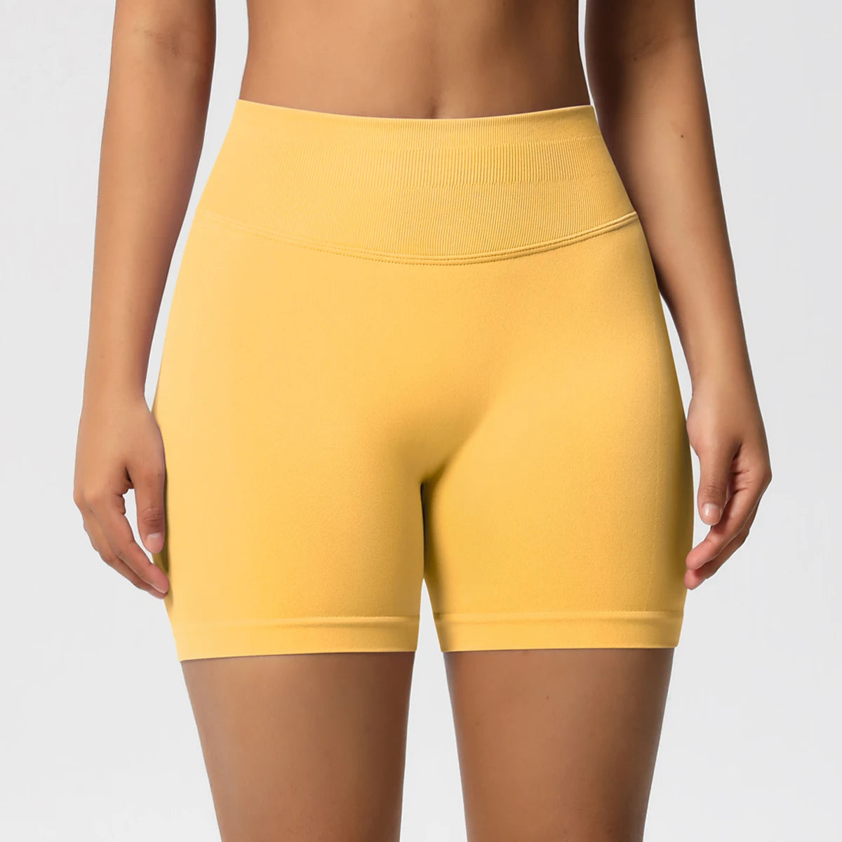 Damen-Yoga-Shorts mit hoher Taille, gelb, breiter Bund mit Naht