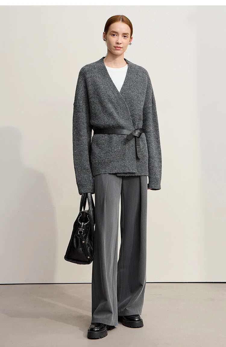 Damen V-Ausschnitt Cardigan lang Wolle-Mix offen Winter