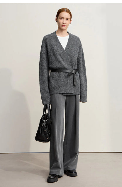 Damen V-Ausschnitt Cardigan lang Wolle-Mix offen Winter