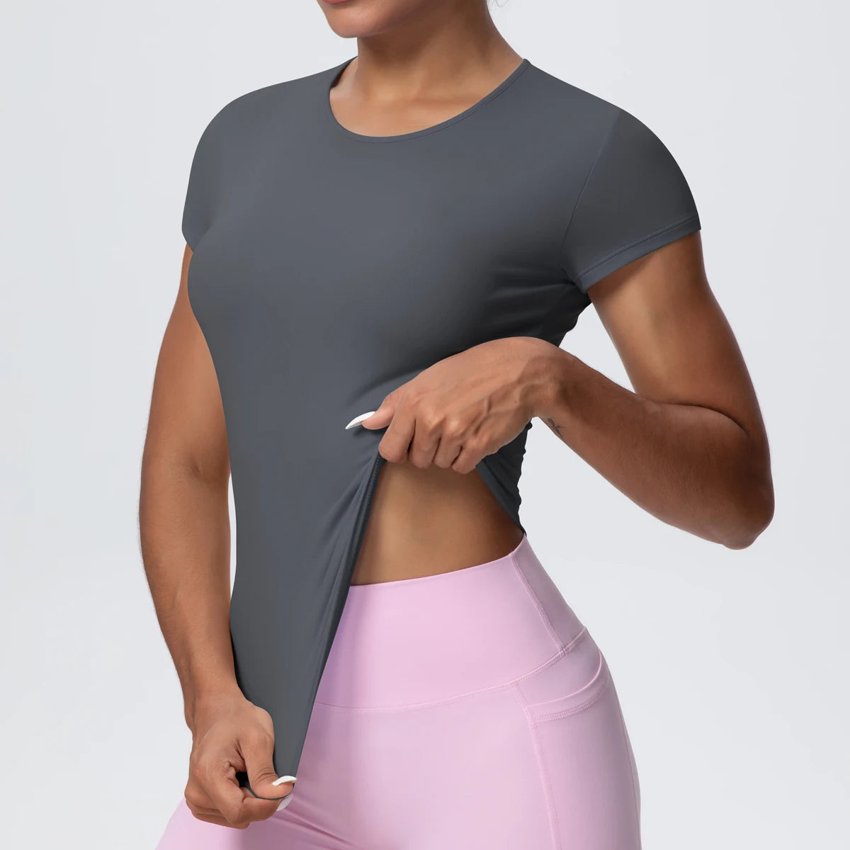 Damen-Yoga-Shirt, kurzarm, dunkelgrau, Rundhalsausschnitt, figurbetont