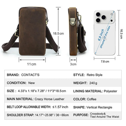 Braune Lederhandytasche mit Metallhaken, kurzem Riemen und Platz für Smartphone