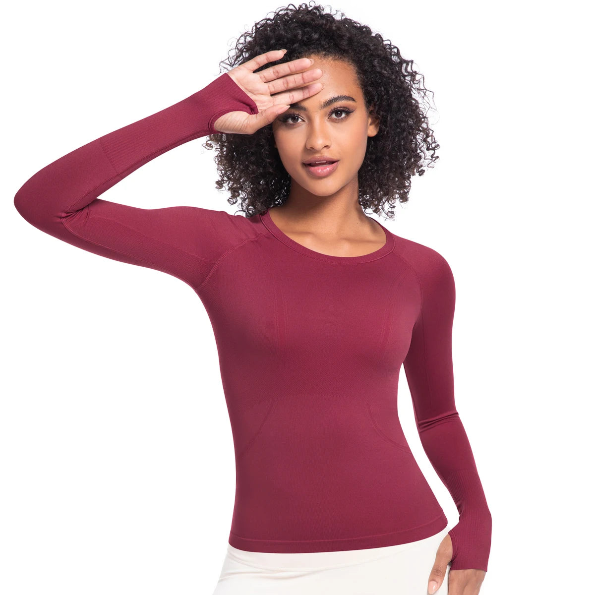 Damen-Langarm-Laufshirt, eng anliegend, Rundhalsausschnitt, weinrot