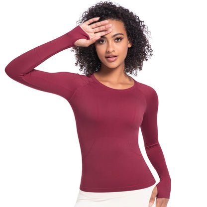 Damen-Langarm-Laufshirt, eng anliegend, Rundhalsausschnitt, weinrot