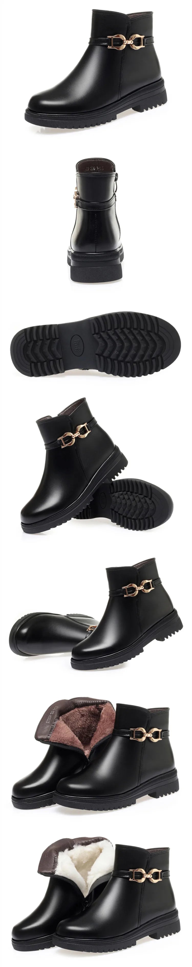 Schwarze Winterstiefeletten mit rutschfester Profilsohle und goldener Schnalle