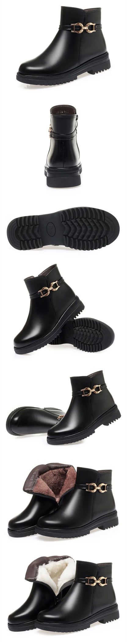 Schwarze Winterstiefeletten mit rutschfester Profilsohle und goldener Schnalle