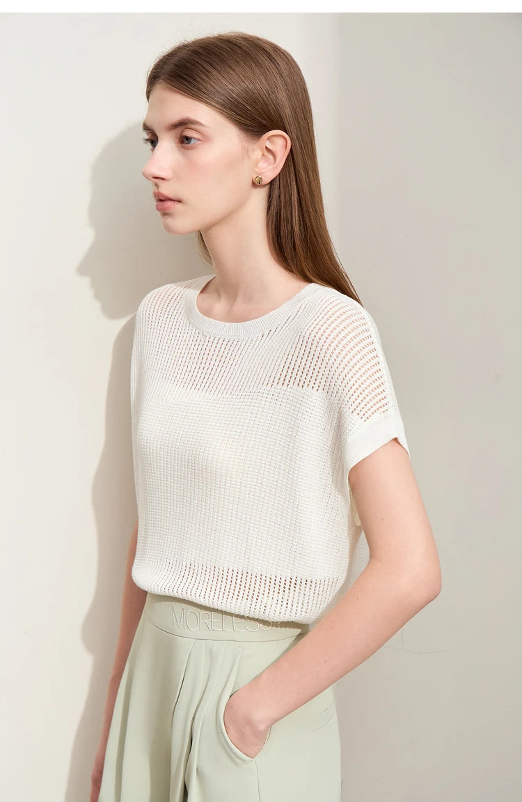 Damen-Wollstrickpullover creme, kurze Ärmel, Rundhals, Netzstruktur im Strick