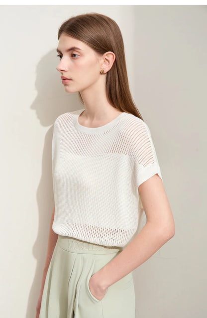 Damen-Wollstrickpullover creme, kurze Ärmel, Rundhals, Netzstruktur im Strick
