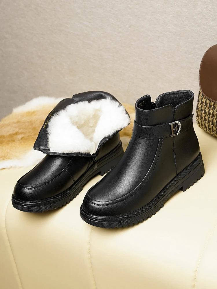 Damen Schneestiefel aus echtem Leder mit rutschfester Sohle und Wolle