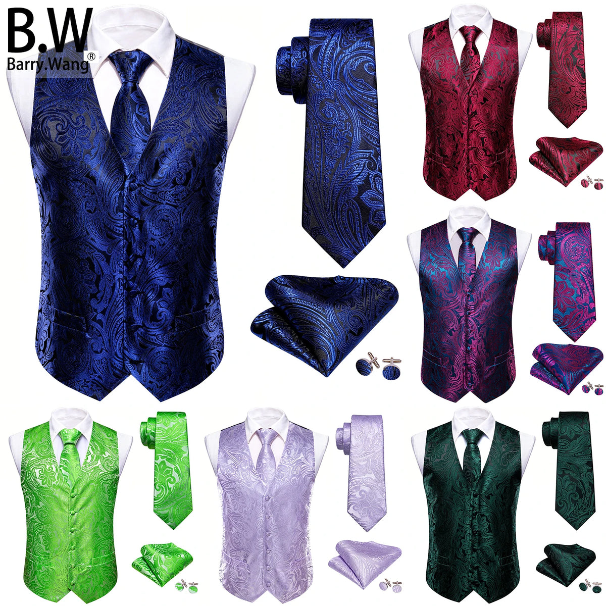 Elegantes Herrenweste-Set aus Jacquard, dunkelblau gemustert mit Krawatte und Einstecktuch.