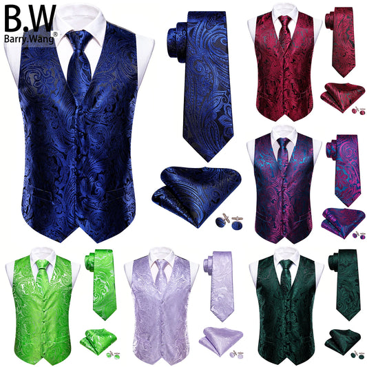 Elegantes Herrenweste-Set aus Jacquard, dunkelblau gemustert mit Krawatte und Einstecktuch.