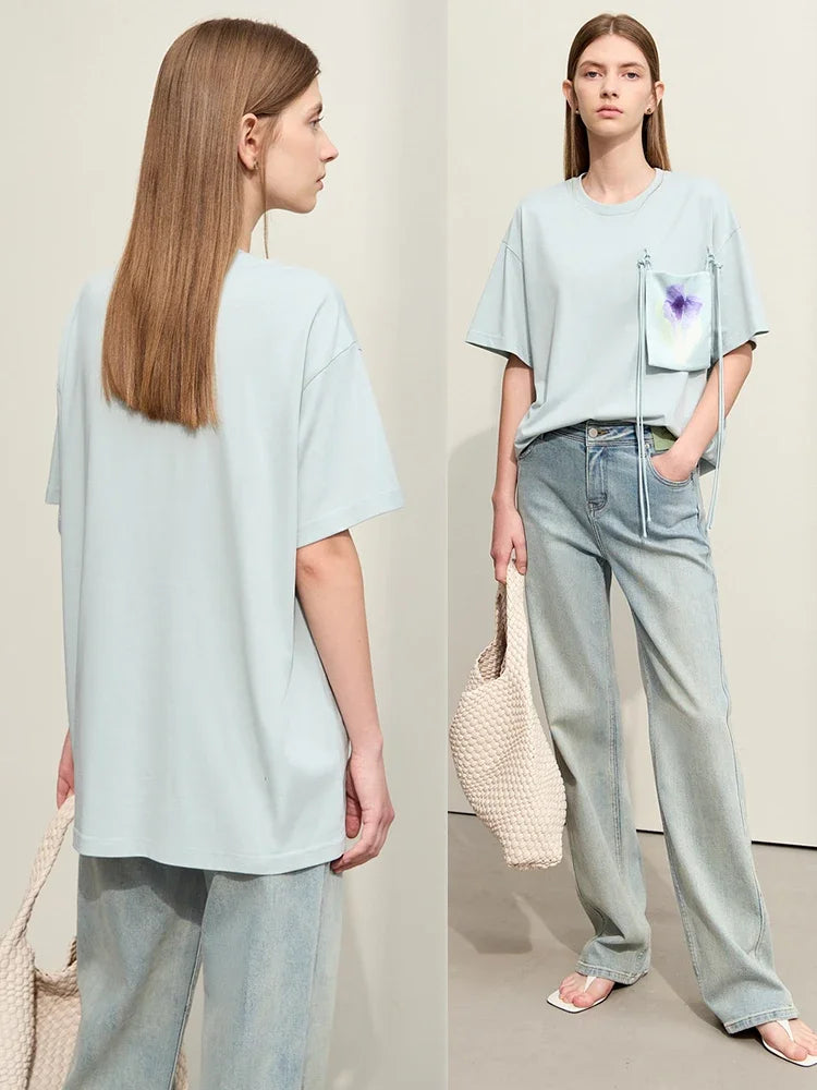 Damen T-Shirt im Minimalismus-Stil mit Taschen und elastischem O-Neck