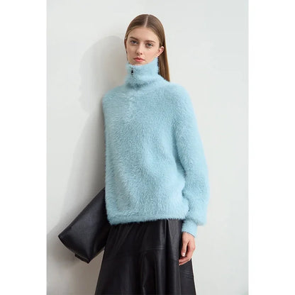 Damen-Rollkragenpullover Nerz-Imitat Reißverschluss locker dick Winter