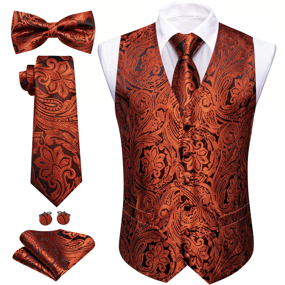 Anzugweste-Set mit Paisley-Muster in Orange/Rostrot, mit Krawatte, Fliege und Einstecktuch