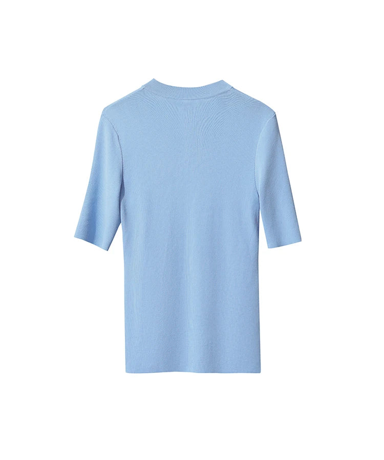 Damen-Strickshirt mit kurzem Arm, hellblau, hinten glatte Oberfläche