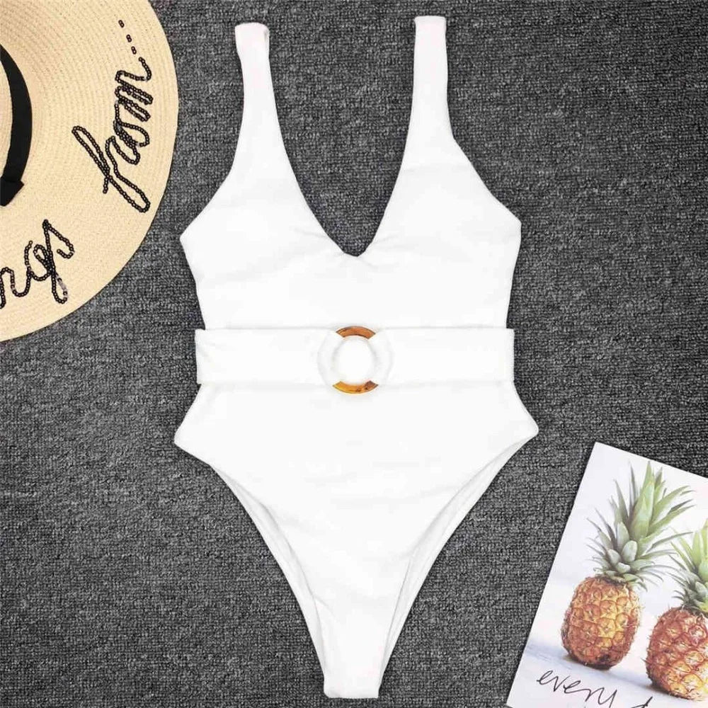 Damen Badeanzug tiefer V-Ausschnitt Monokini High-Cut Taillenband Einteiler
