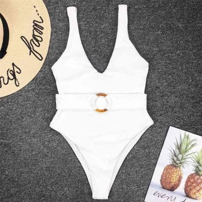 Damen Badeanzug tiefer V-Ausschnitt Monokini High-Cut Taillenband Einteiler