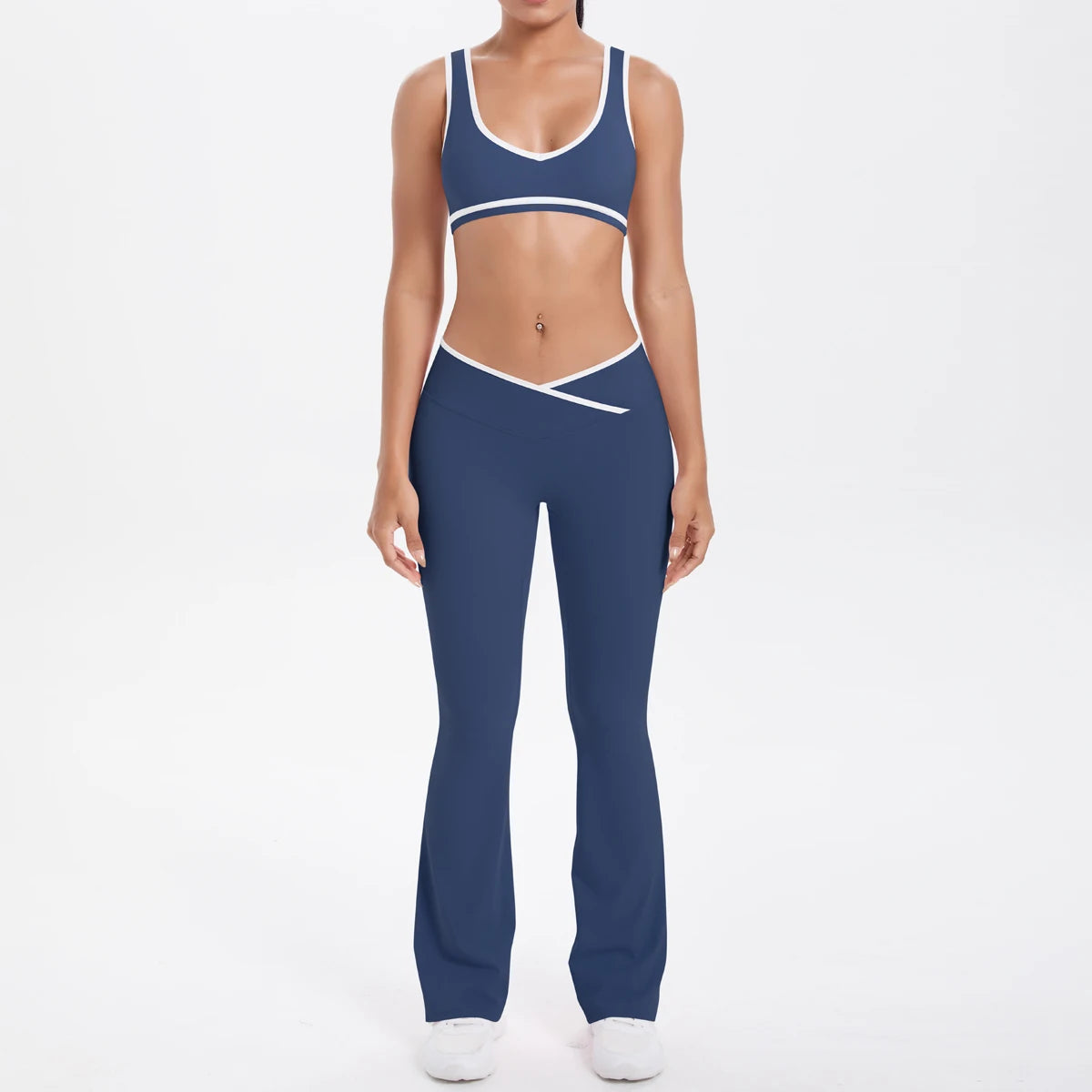Yoga-Set mit Sport-BH und Leggings, hoher Bund, navy mit hellen Kontrastborten