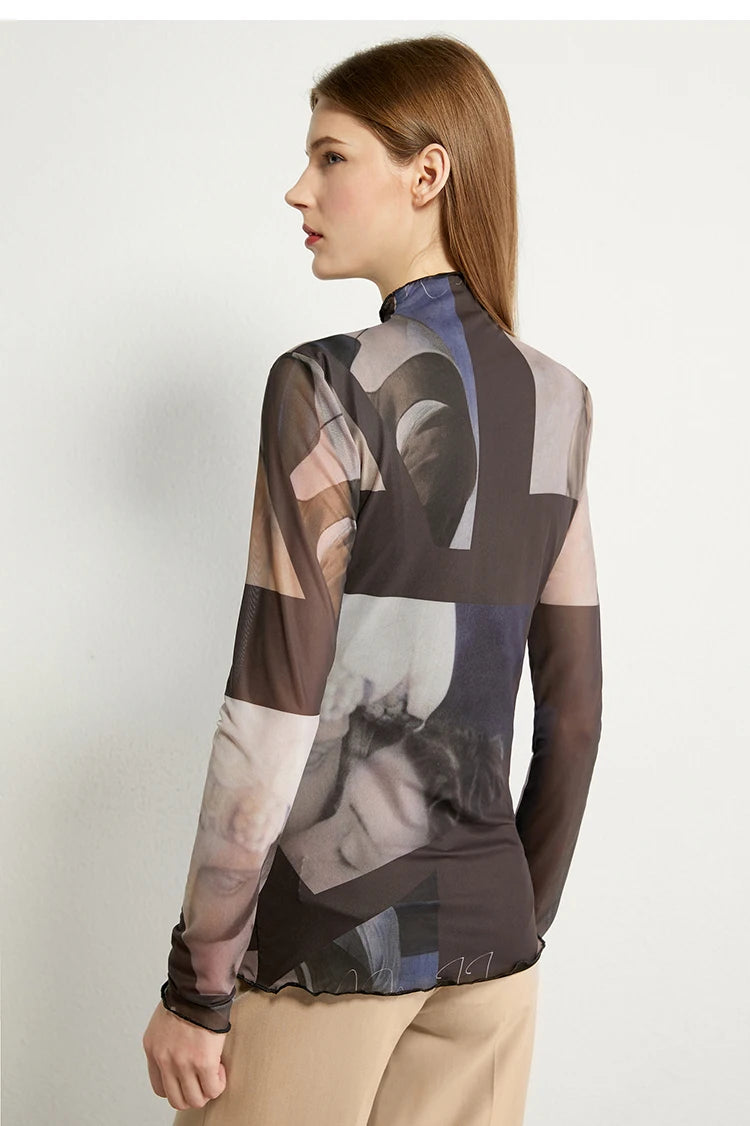 Damen Langarm-T-Shirt im Minimalismus-Stil mit trendigem Netzdruck