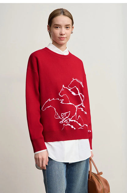 Damen-Rundhalspullover Tier-Jacquard locker Langarm Winter