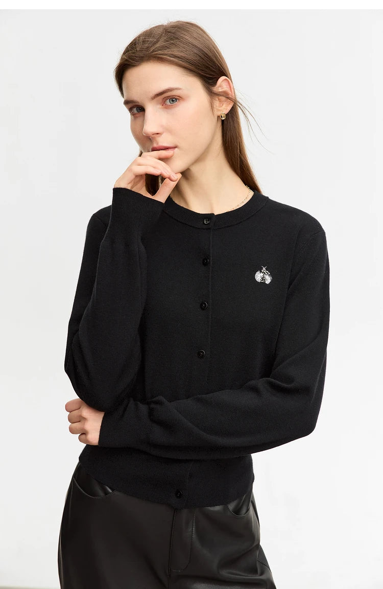 Damen-Rundhals-Strickjacke Wolle-Seide Perlenstickerei Knöpfe Herbst-Winter