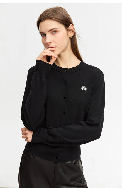 Damen-Rundhals-Strickjacke Wolle-Seide Perlenstickerei Knöpfe Herbst-Winter